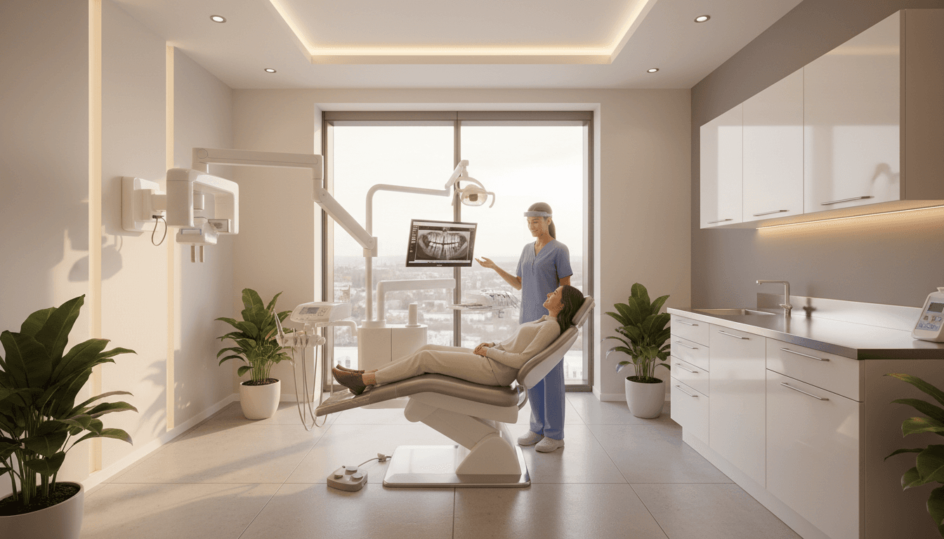 Sala de consulta profissional e acolhedora na clínica de endodontia