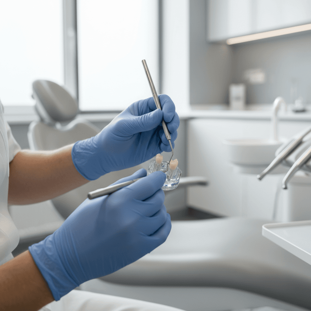 Dentista Melina Carvalho apresentando modelo de dente para tratamento de canal