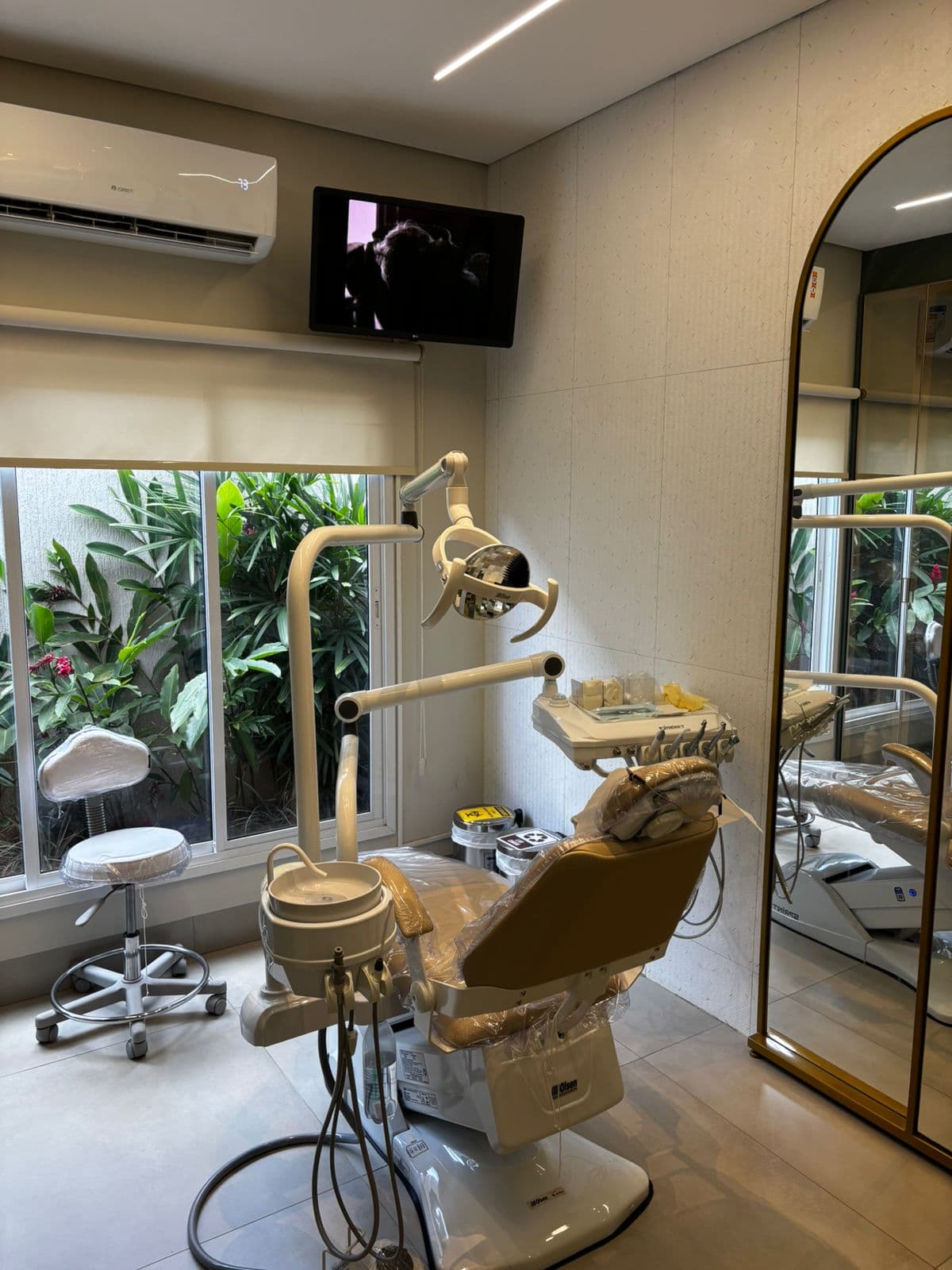 Consultório odontológico moderno com cadeira equipada, monitor, espelho e vista para jardim pela janela.